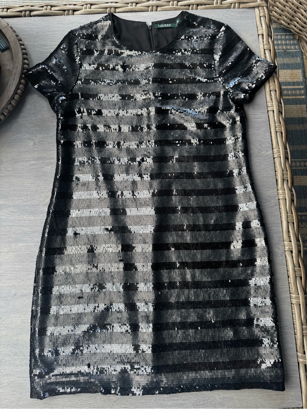 Ralph Lauren Matte and Shiny Black Sequin Striped Mini Dress